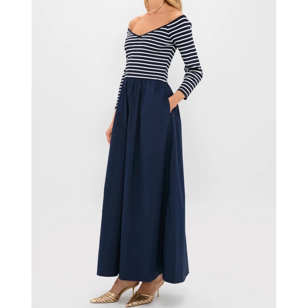 Tuckernuck Navy Clea Off Shoulder Stripe Bodice L Maxi Dress Yacht Nautical